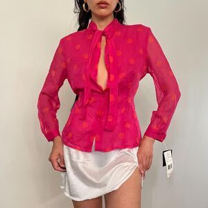 90s silk pink and orange polka dot button up long sleeve blouse with sheer
